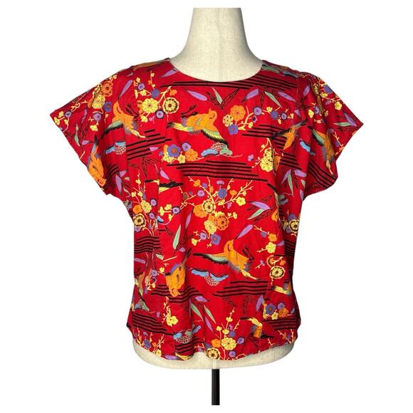 Vintage Handmade Womens Top Red Art to Wear Boxy Cotton Chinois Print Size M/L - Picture 2 of 6